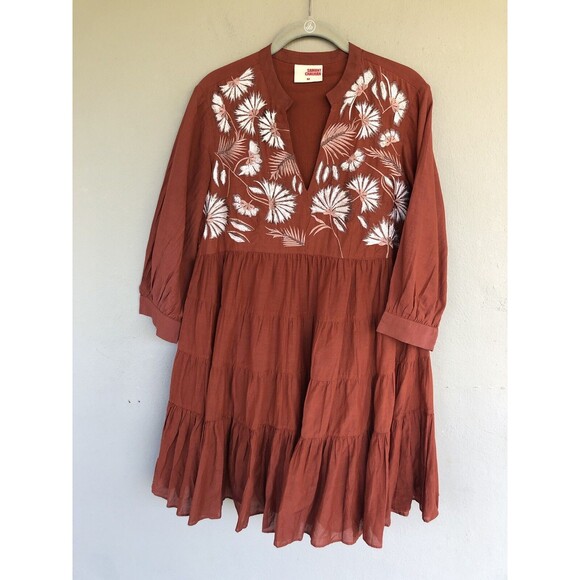 Anthropologie Samant Chauhan Dress M Embroidered Tiered Mini Babydoll Spice Boho - Picture 4 of 15